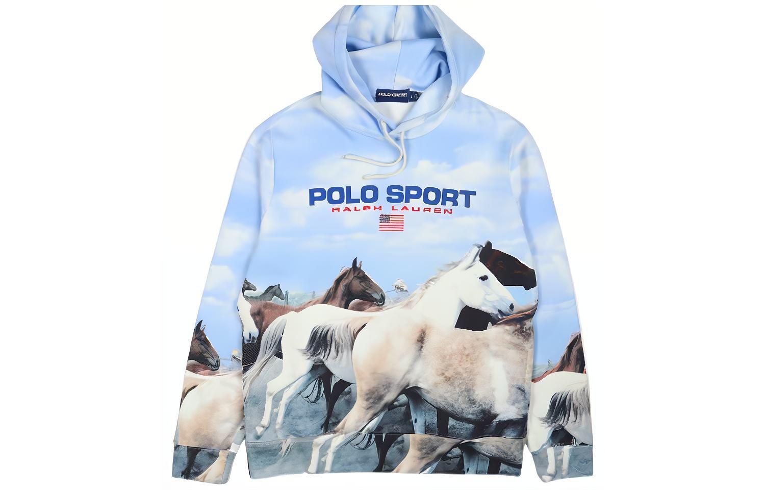 Ralph Lauren FW22 Colorblock Horse Print Pullover Sweatshirt Mens Blue 710880601-001