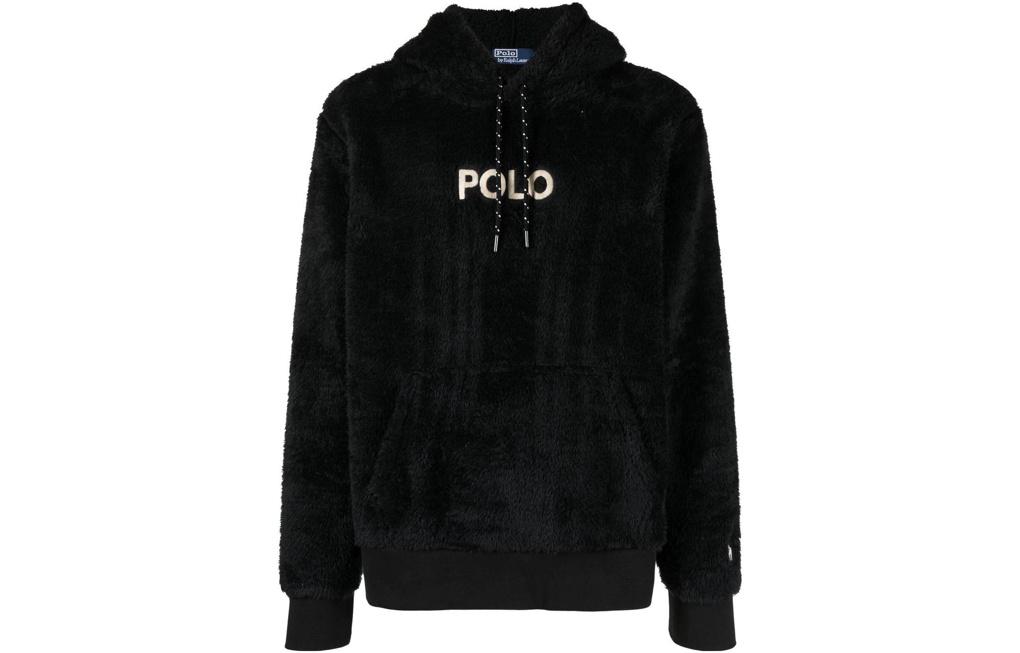 Ralph Lauren FW22 Logo Embroidered Fleece Pullover Hoodie Black 710881757-001