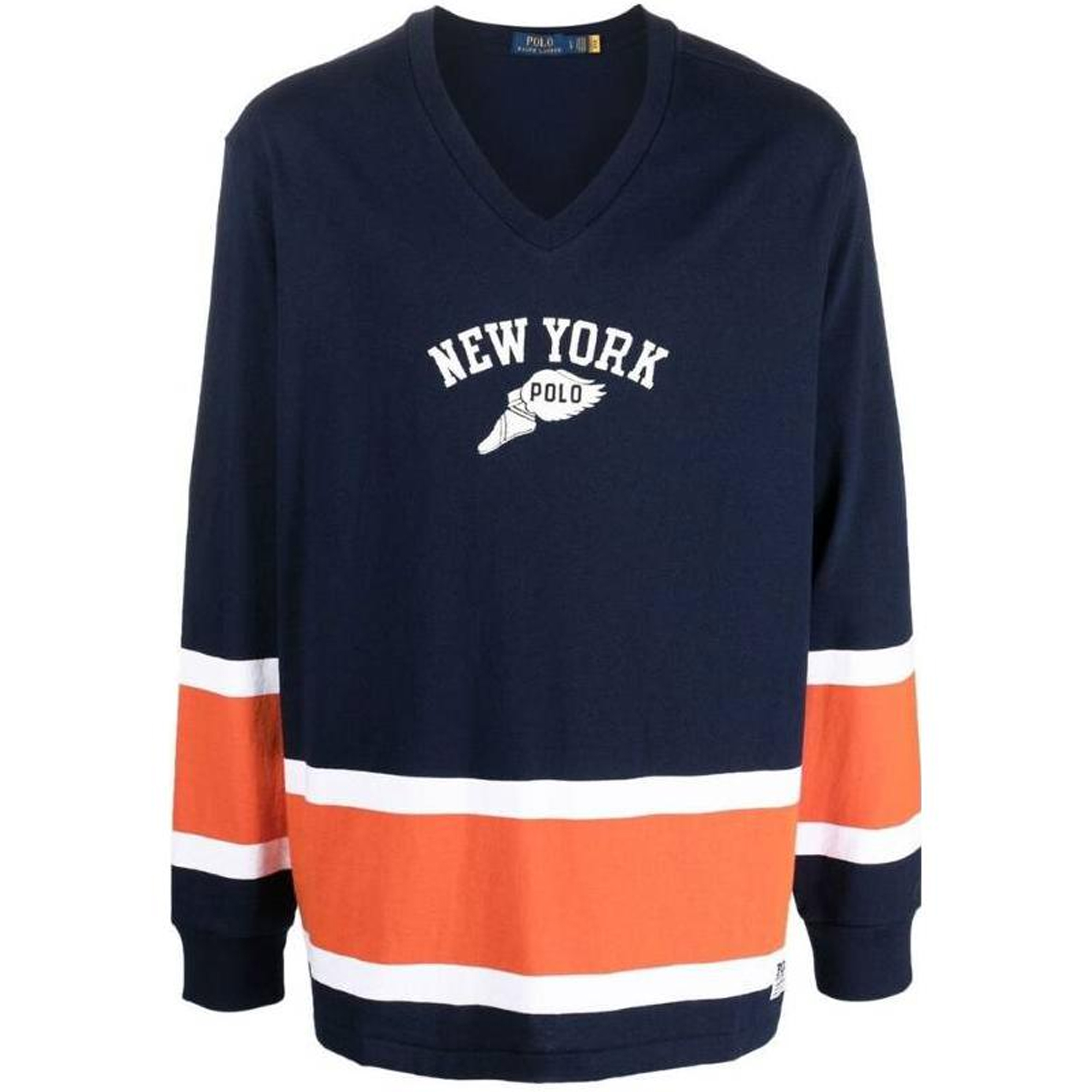 Ralph Lauren FW22 Logo Striped V-Neck Pullover Sweatshirt Navy Blue 710878894-001