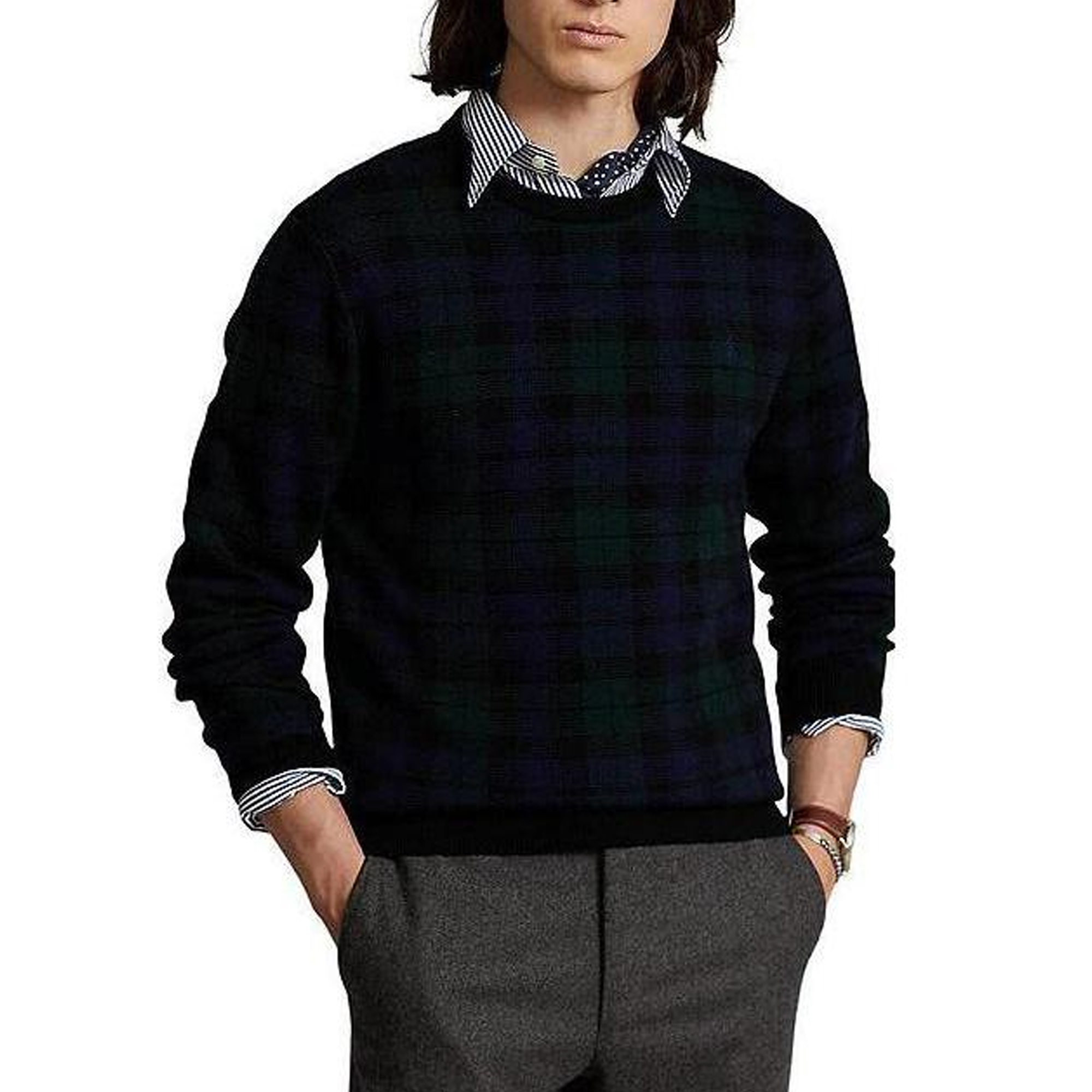 Ralph Lauren FW22 Plaid Crewneck Pullover Sweatshirt Men’s Navy Blue 710878845-001