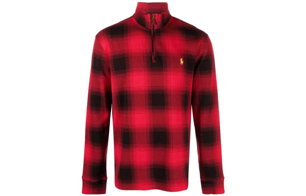 Ralph Lauren FW22 Red Plaid Logo Embroidered Half-Zip Sweatshirt 710880325-001