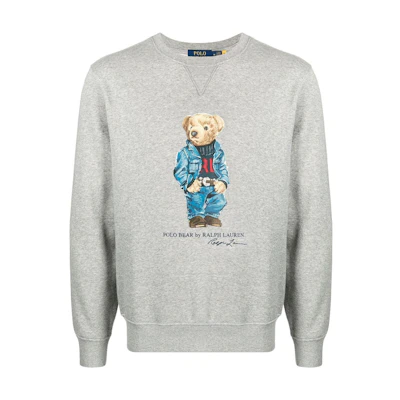 Ralph Lauren FW22 Teddy Bear Letter Print Crewneck Sweatshirt Men Grey 710853308-001