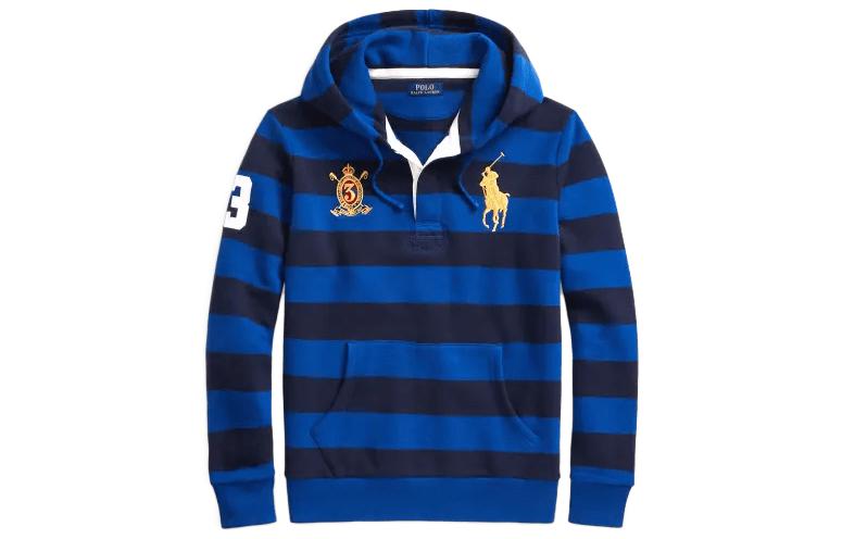 Ralph Lauren FW23 Big Pony Striped Fleece Hoodie Blue - Striped Logo Sweatshirt MNPOKNI16823-121