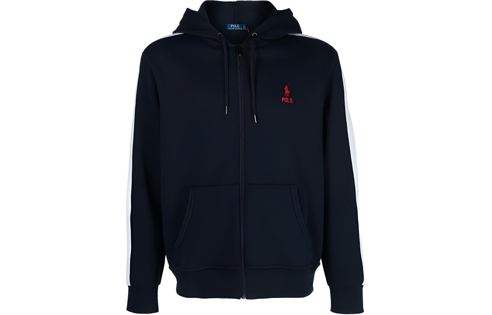 Ralph Lauren FW23 Logo Embroidered Hoodie Navy Blue - Loose Fit Zip-Up 710926504-001