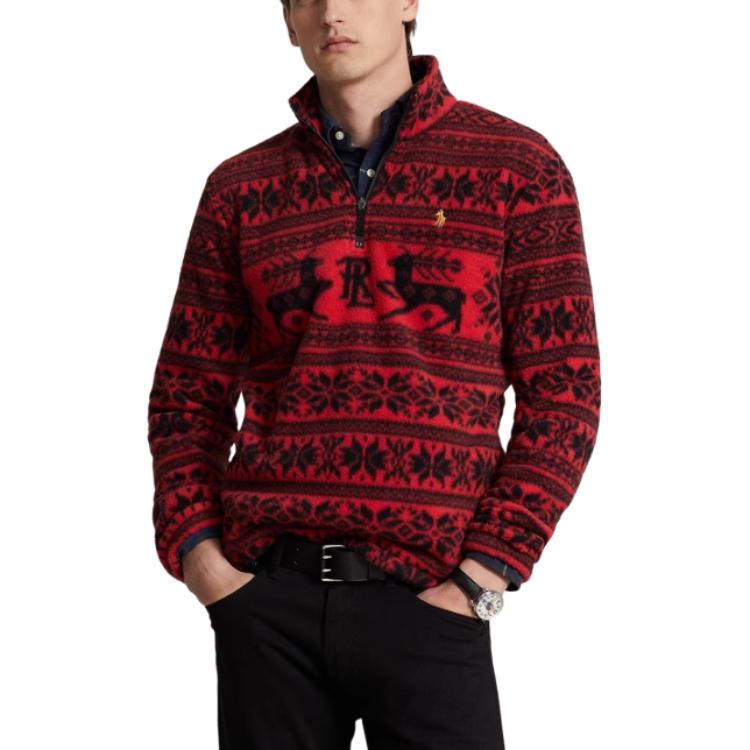 Shop Ralph Lauren FW23 Merah Corak Penuh Baju Sejuk Half-Zip Lelaki MNPOKNI16823181-600