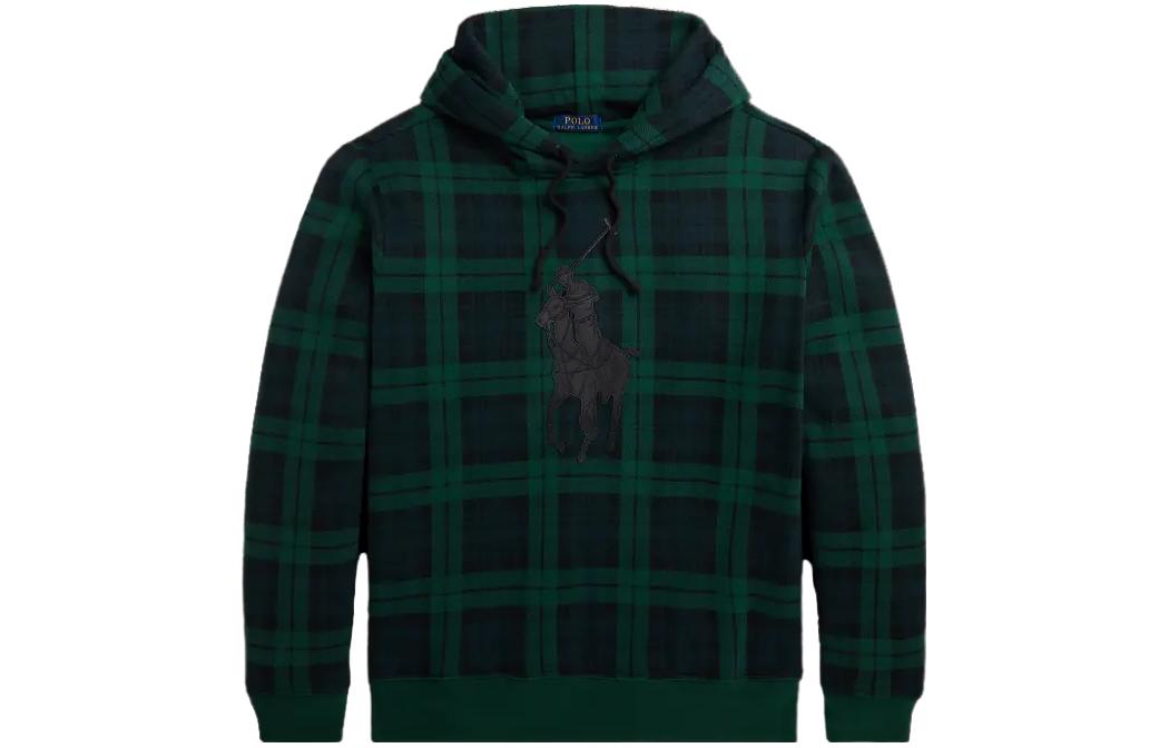 Ralph Lauren Green Leather-Pony Plaid Fleece Hoodie Long Sleeve MNPOKNI16823-230