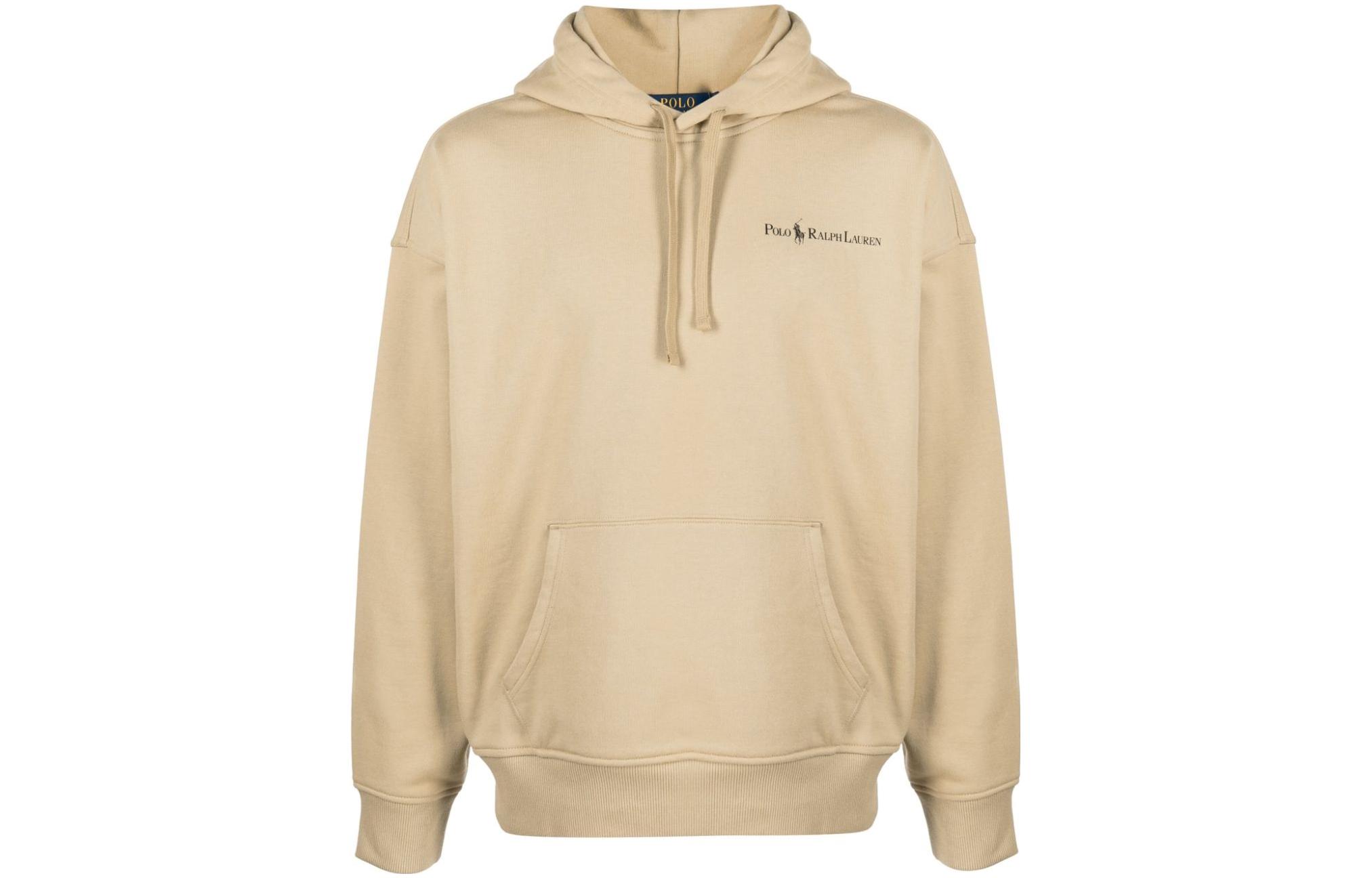 Ralph Lauren Logo Hoodie Beige Long Sleeve Pullover with Pocket 710917904-002