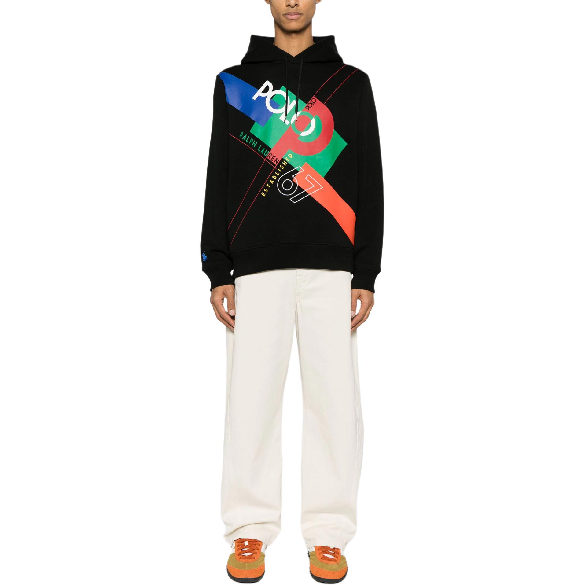 Lookbook 拉夫羅倫標誌印花休閒寬鬆連帽衫 黑色 710926981-001