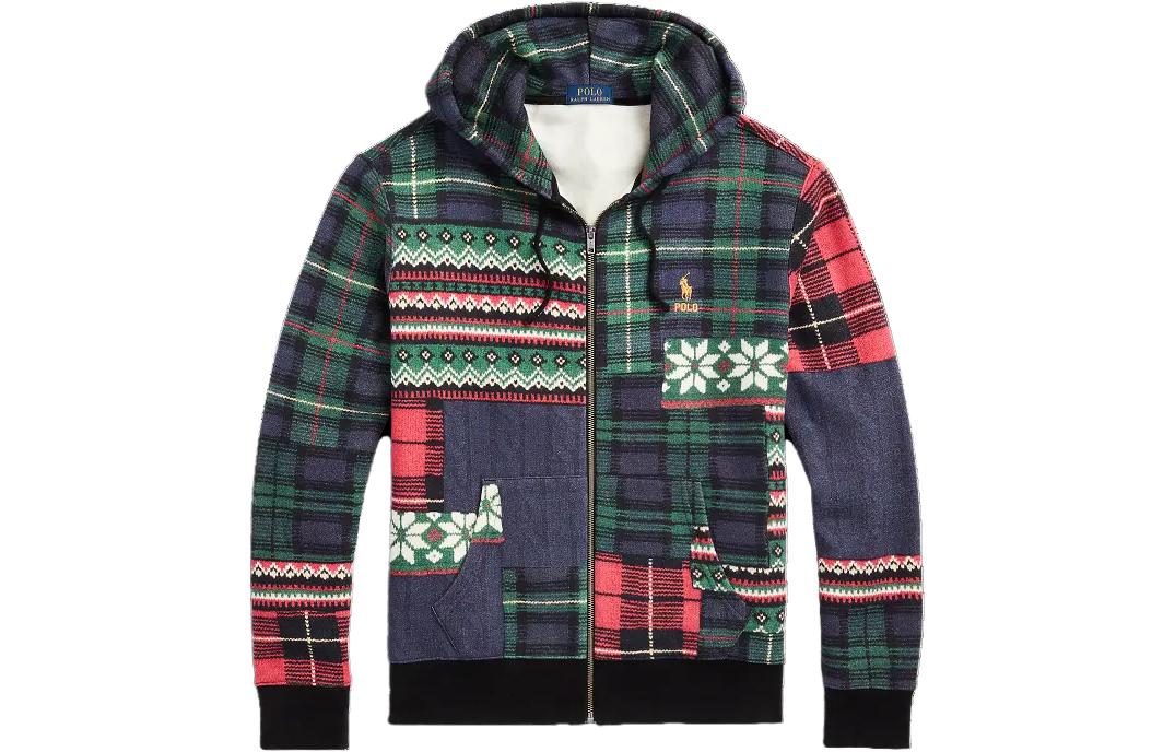 Ralph Lauren Patchwork Fleece Full-Zip Hoodie Navy Checked Floral Embroidery MNPOKNI16823247