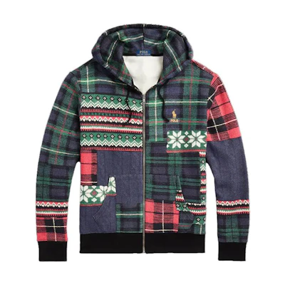 Ralph Lauren Patchwork Fleece Full-Zip Hoodie Navy Checked Floral Embroidery MNPOKNI16823247