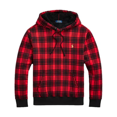 Ralph Lauren Plaid Pile Fleece Embroidered Logo Hoodie Red MNPOKNI16823-211