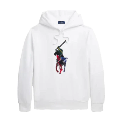 Ralph Lauren RL Fleece Plaid Pony Logo Embroidered Hoodie White MNPOKNI16823303