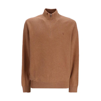 Ralph Lauren Solid Logo Embroidered Half-Zip Brown Sweatshirt 710932304-008