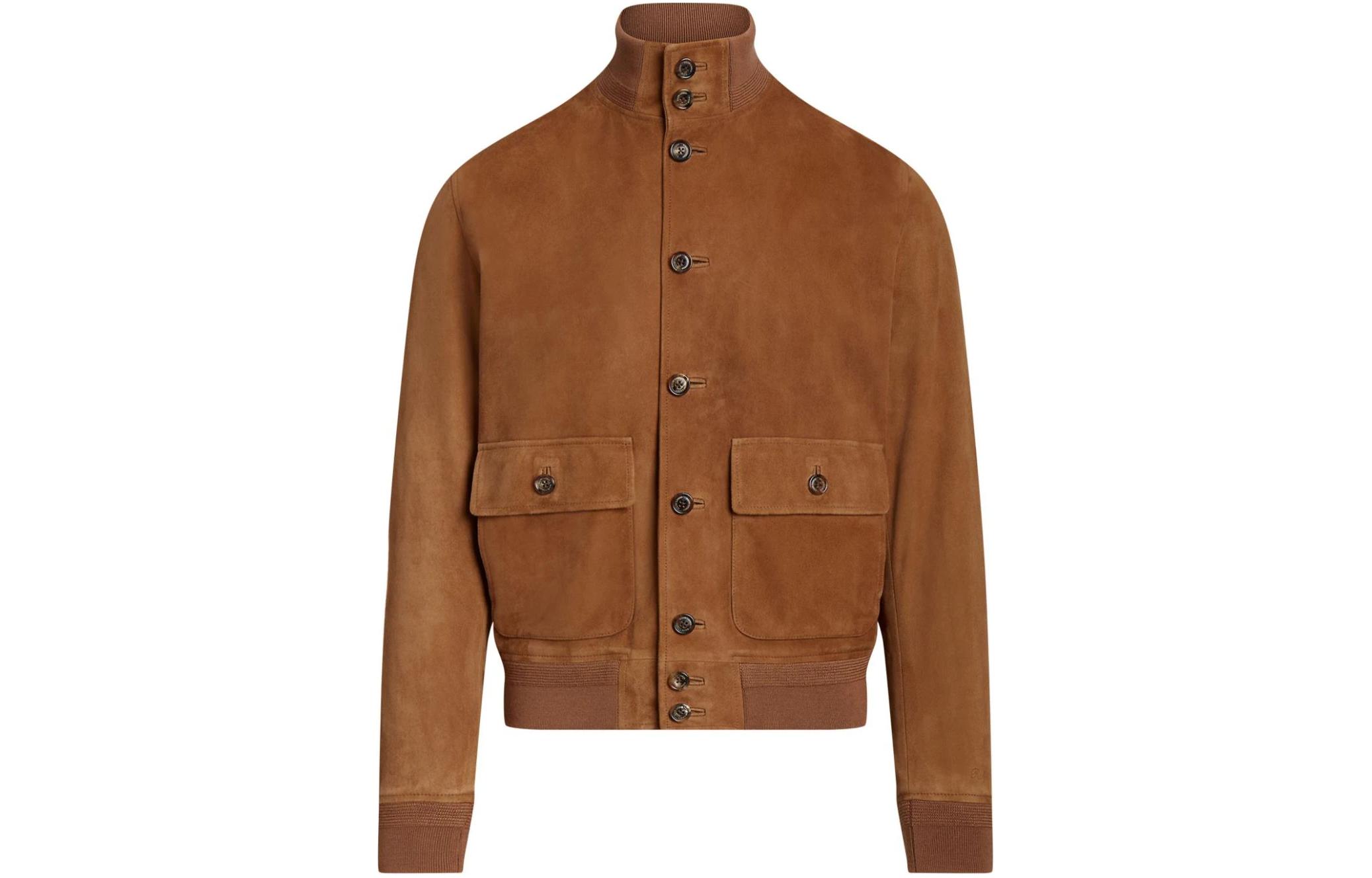 Ralph Lauren Solid Suede Button-Up Bomber Jacket Brown 790910997-001