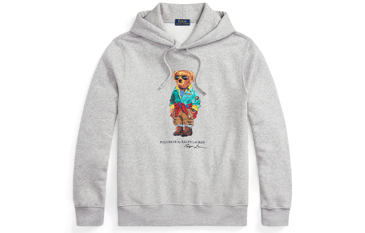 Ralph Lauren SS23 Bear Print Drawstring Hoodie Grey MNPOKNI16822710-020