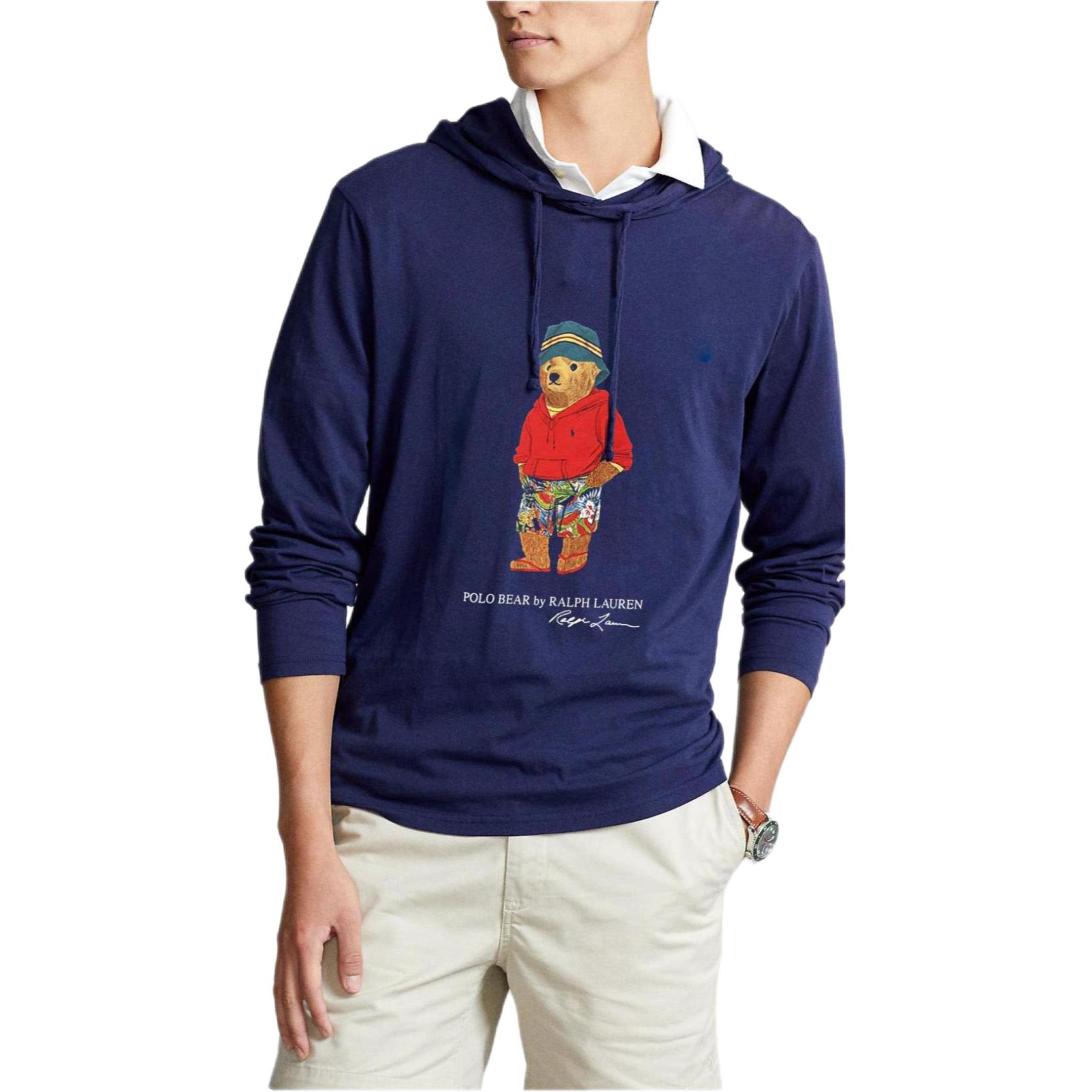 Ralph Lauren SS23 Drawstring Hoodie Polo Bear Print Deep Blue 710860165-003