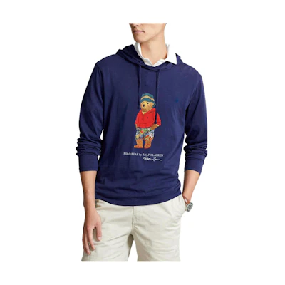 Ralph Lauren SS23 Drawstring Hoodie Polo Bear Print Deep Blue 710860165-003