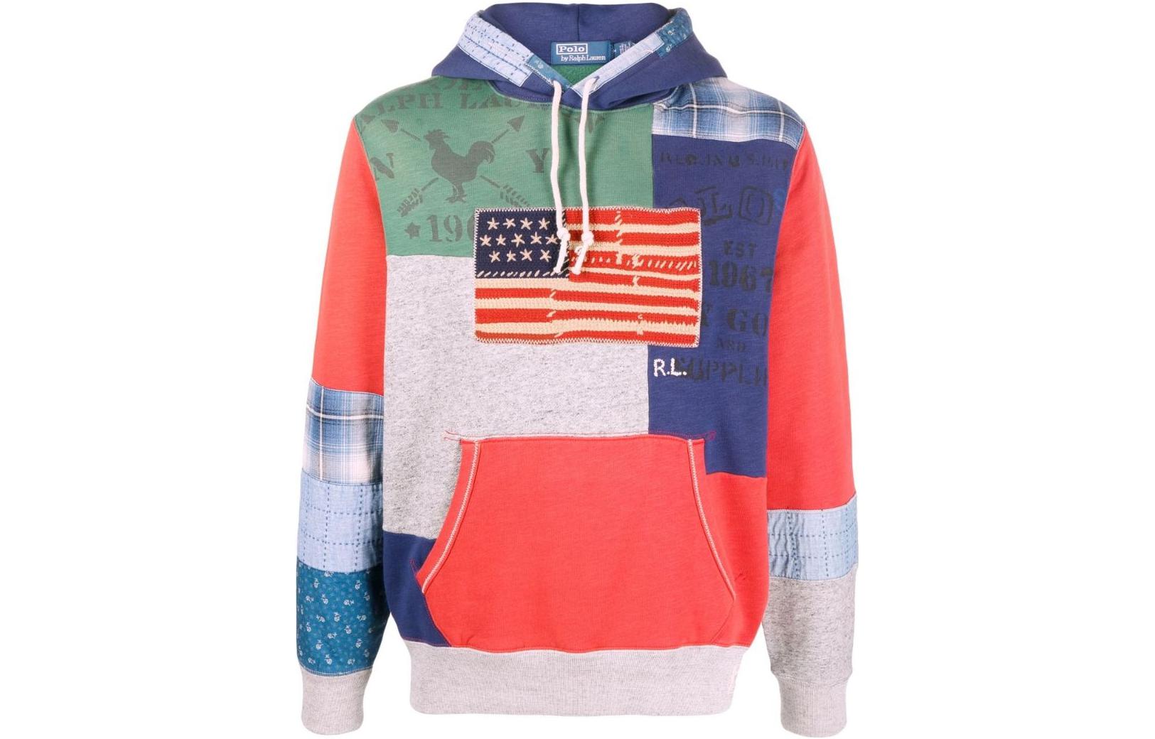 Ralph Lauren SS23 Red Patchwork Drawstring Hoodie Casual Style 710879074-001