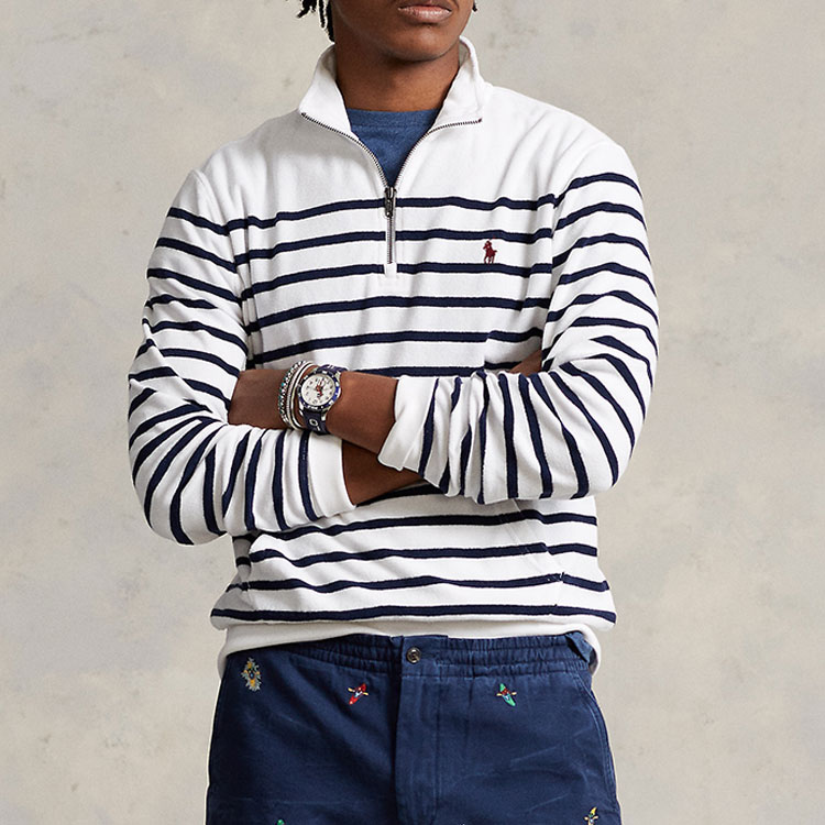 Lookbook ラルフローレン SS23 ストライプ ロゴ刺繍 ハーフジップ スウェット メンズ MNPOKNI16822733-100