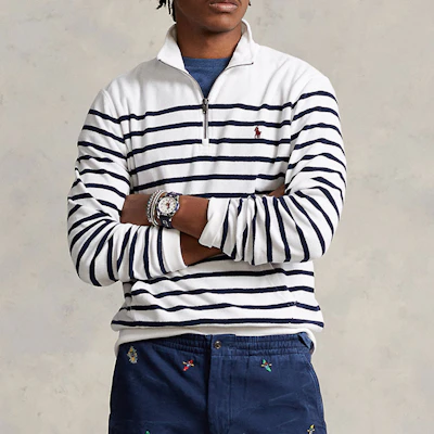ラルフローレン SS23 ストライプ ロゴ刺繍 ハーフジップ スウェット メンズ MNPOKNI16822733-100 Lookbook ラルフローレン SS23 ストライプ ロゴ刺繍 ハーフジップ スウェット メンズ MNPOKNI16822733-100