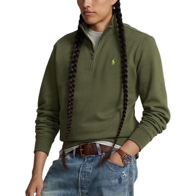 Shop Ralph Lauren SS24 Baju Sweatshirt Leher Separuh Sulam Logo Hijau MNPOKNI16823467-300