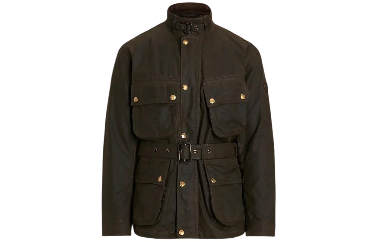 Ralph Lauren SS24 Olive Oilcloth Biker Jacket Solid Zip-Up Slim Fit MNPOOTW16021-302