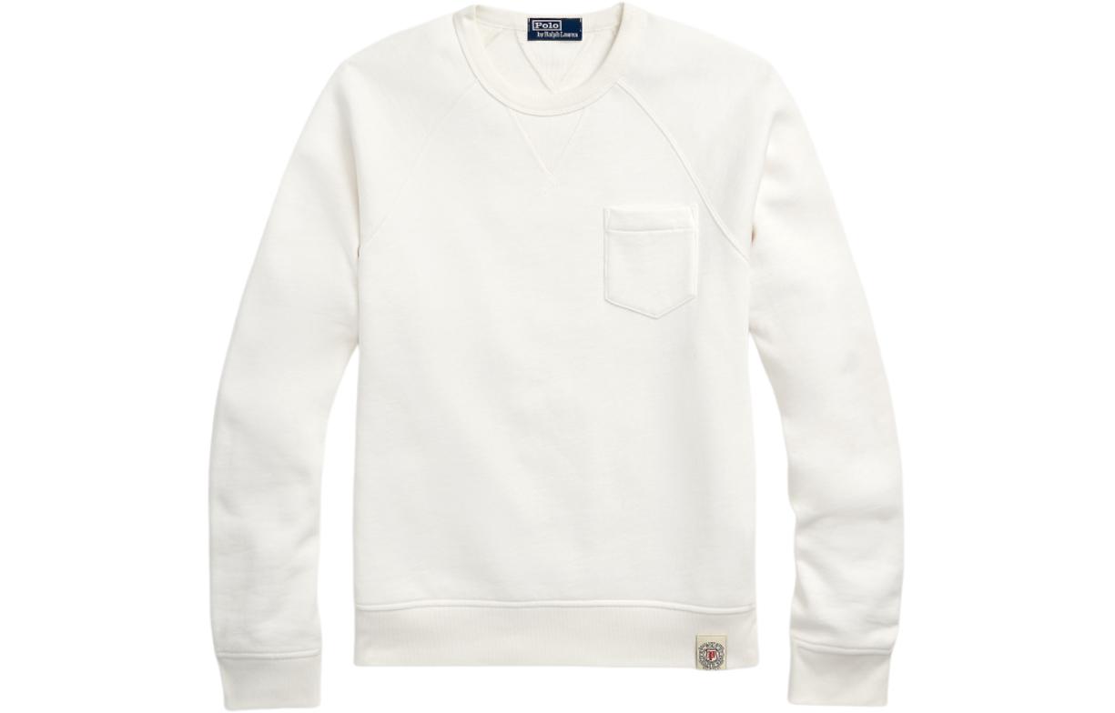 Ralph Lauren SS24 Washed White Crewneck Pocket Long Sleeve Sweatshirt MNPOKNI16823423-100