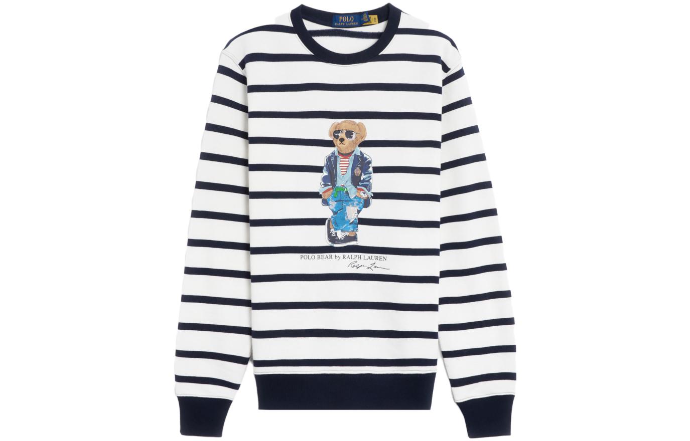 Ralph Lauren Striped Bear Print Crewneck Pullover Sweatshirt White (). 710909723-001