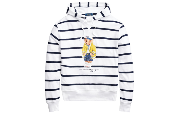 Ralph Lauren White Logo Striped Print Long Sleeve Hoodie 710795725-001