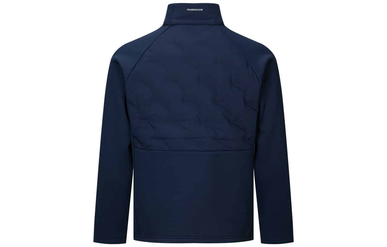 Lookbook 리복 네이비 블루 미니멀리스트 래글런 다운 자켓 롱슬리브 코트. 24FRC231MGN2