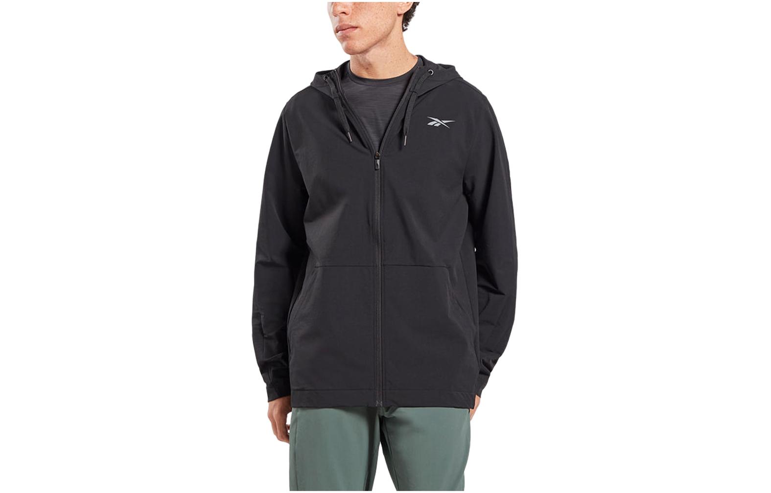 Reebok Black Solid Training Moisture-Wicking Zip Hoodie Jacket 100063617