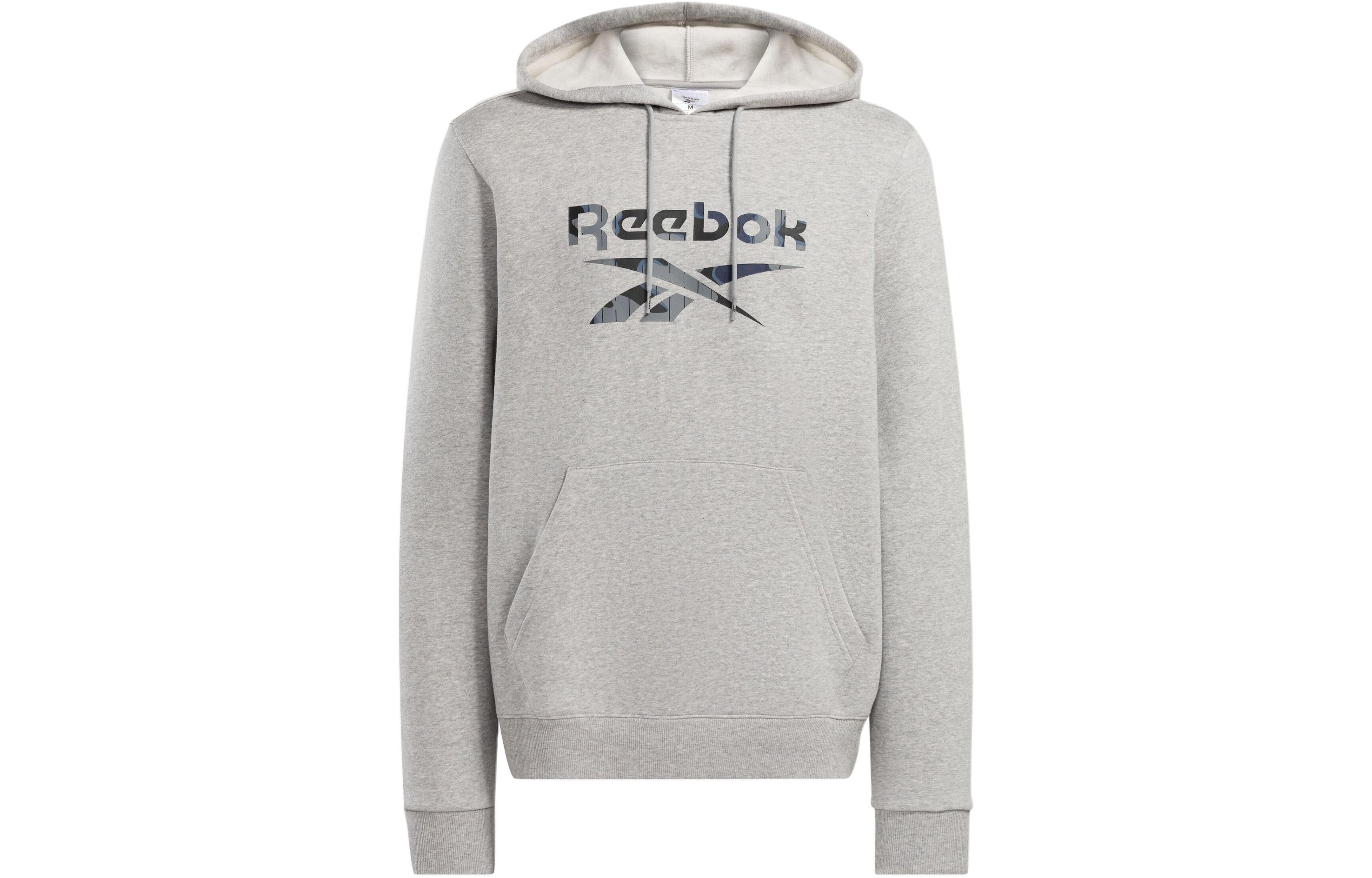 Reebok Logo Print Drawstring Hoodie Light Gray Long Sleeve Pullover 100076398