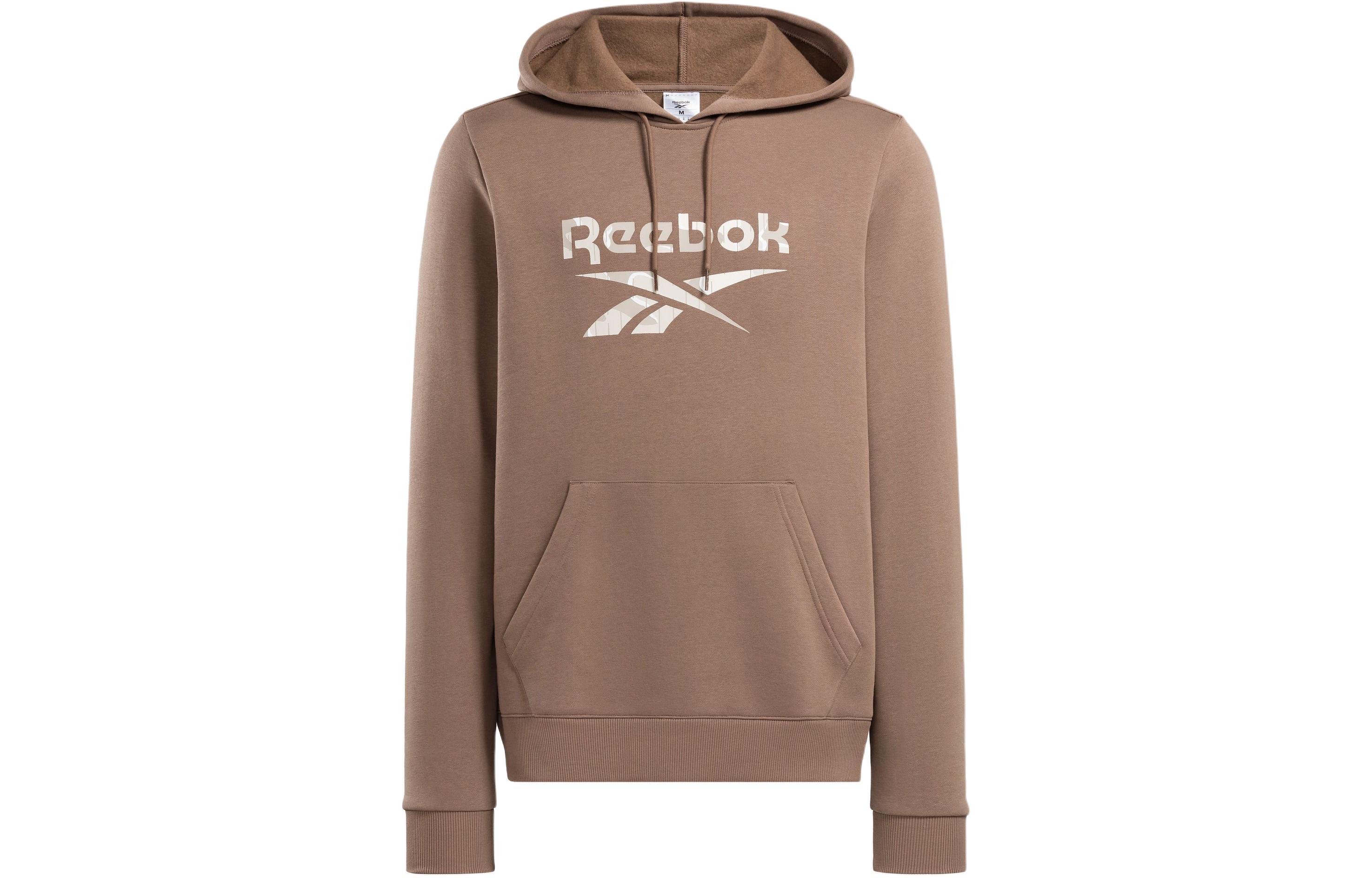 Reebok Loose-Fit Drawstring Hoodie with Logo Print in Taupe Gray 100076390