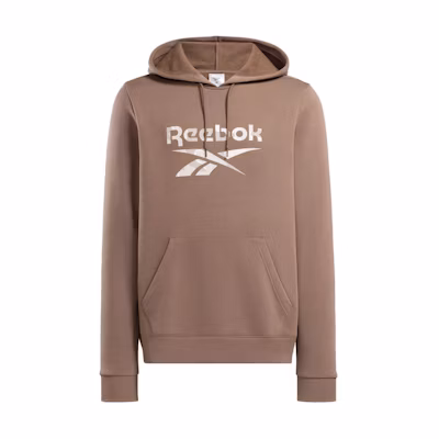 Reebok Loose-Fit Drawstring Hoodie with Logo Print in Taupe Gray 100076390
