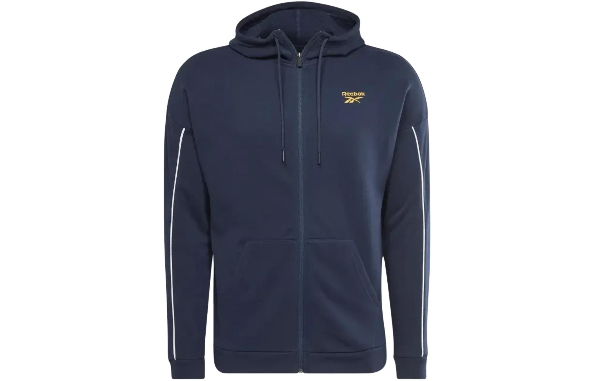 Reebok Workout Ready Piping Zip-Up Sweatshirt Logo Print Jacket Men’s Blue HI0694