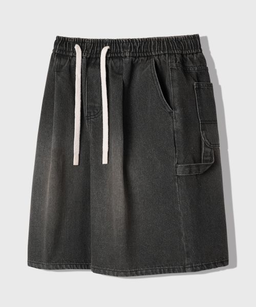 Cheap REMAIN SECOND Bermuda Wide One-Tuck Carpenter Denim Banded Shorts [Black Washed]. LMPT10