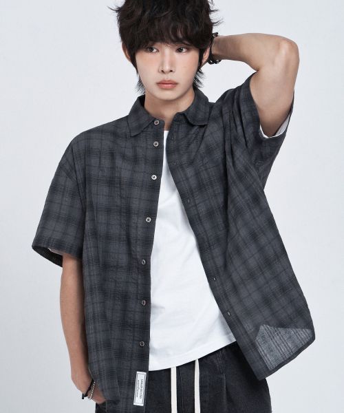 REMAIN SECOND Check Oversized Short Sleeve Shirt [Charcoal] LMSH08