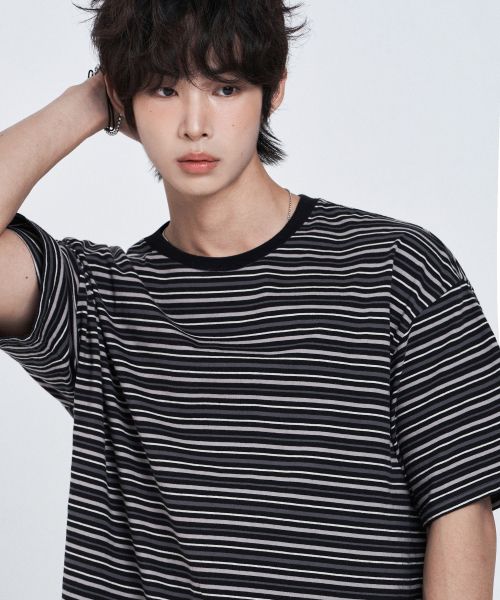 Order REMAIN SECOND Jan Stripe Oversized Short Sleeve T-Shirt [Black] LMTS13