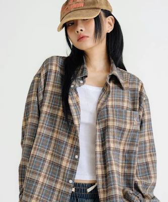 Remain Second 深蓝色宽松格纹口袋法兰绒衬衫 LMSH05 Lookbook Remain Second 深蓝色宽松格纹口袋法兰绒衬衫 LMSH05