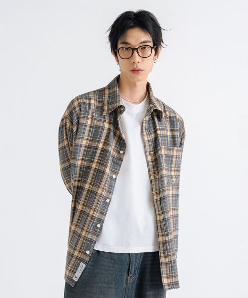 Shop Remain Second Oversized Flannel Pocket Check Shirt [Deep Blue] LMSH05