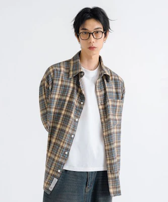 Remain Second 深蓝色宽松格纹口袋法兰绒衬衫 LMSH05 Shop Remain Second 深蓝色宽松格纹口袋法兰绒衬衫 LMSH05