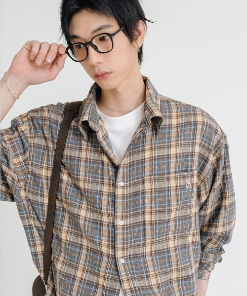 Purchase Remain Second Oversized Flannel Pocket Check Shirt [Deep Blue] LMSH05