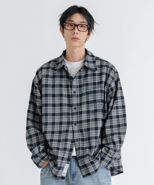 REMAIN SECOND Premium Oversized Flannel Pocket Check Shirt [Navy] LMSH07
