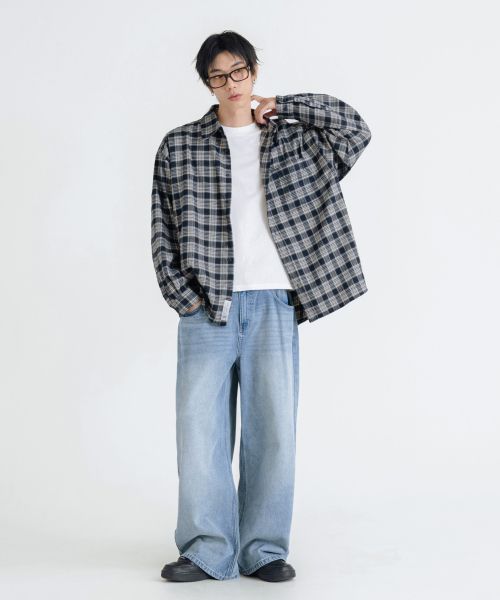 Lookbook REMAIN SECOND Premium Oversized Flannel Pocket Check Shirt [Navy] LMSH07