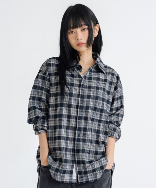 Shop REMAIN SECOND Premium Oversized Flannel Pocket Check Shirt [Navy] LMSH07