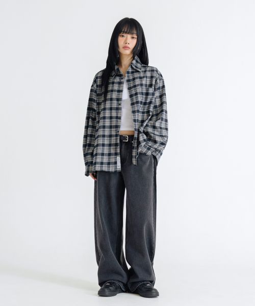 Purchase REMAIN SECOND Premium Oversized Flannel Pocket Check Shirt [Navy] LMSH07