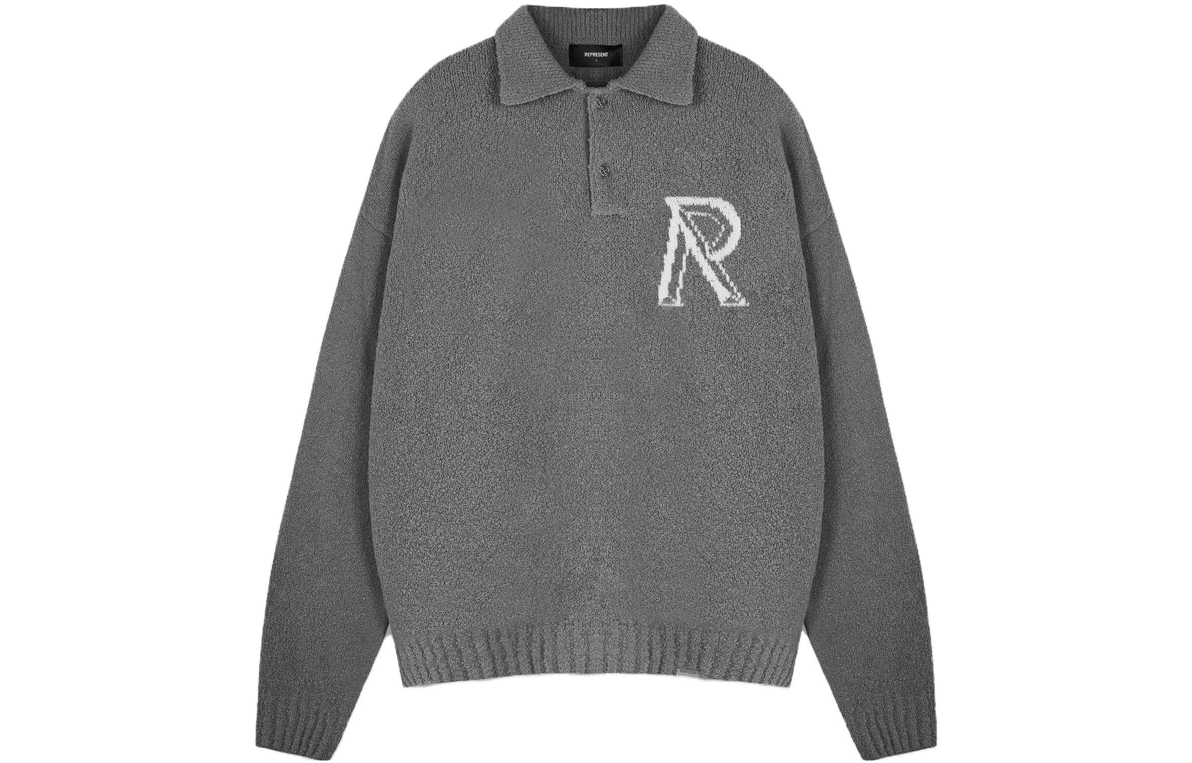 REPRESENT  Gray Polo Collar Letter Print Long Sleeve Sweater MH3014-05