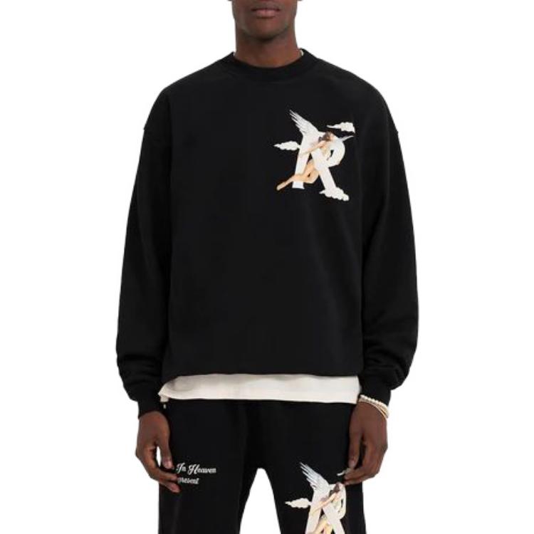 Shop Represent Back Letter Angel Print Crewneck Pullover Sweatshirt Men Black M04272-01