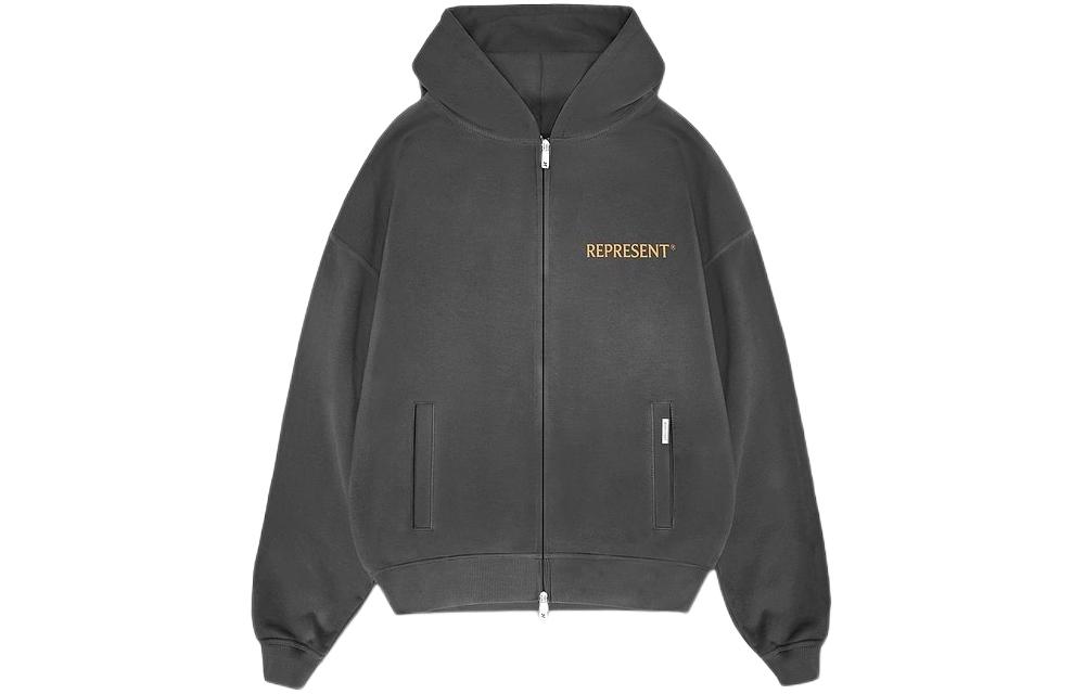 Represent Black Hoodie with Zipper Letter Print and Pocket Design MLM433-444