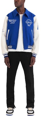 REPRESENT FW22 Colorblock Logo Print Baseball Jacket - Blue. M01143-109 Shop REPRESENT FW22 Colorblock Logo Print Baseball Jacket - Blue. M01143-109